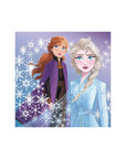 Frozen 2 square napkins with Anna and Elsa characters on purple snowflake background - Disney princess party decorations and tableware