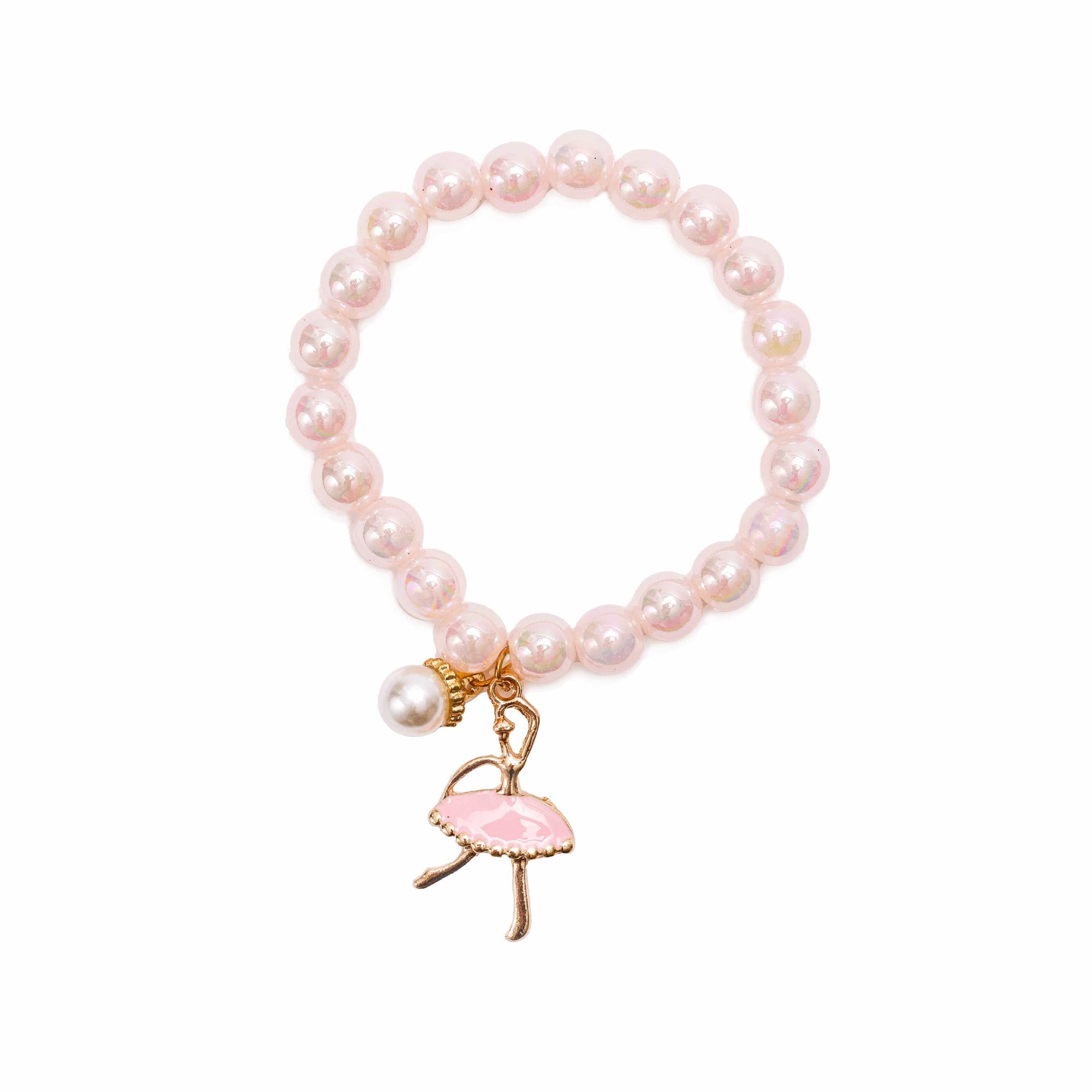 The Ballerina Charm Bracelet from our Ballet Collection features pink pearls, a small golden ballerina pendant, and a single white pearl charm.