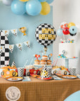 Racing car birthday party supplies with tire wheel plates checkered flag decorations - complete race car themed party tableware set for kids celebration
