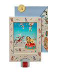 Interactive Circus themed greeting card with colorful illustrations of performers and a lion on a white background.
