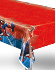A disposable plastic table cover featuring an officially licensed Marvel Spider-man and city skyline design along the border and a red and white web pattern in the center.