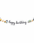 Banner de feliz cumpleaños de camiones de construcción