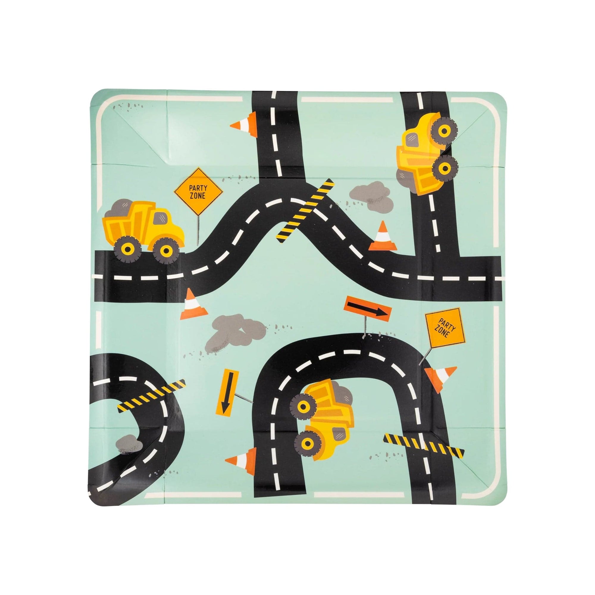 Construction Zone Plates are square paper plates with yellow dump trucks, traffic cones, caution signs, and black roads on a light green background—ideal for a fun construction-themed party that kids will love!.