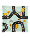 Construction Zone Plates are square paper plates with yellow dump trucks, traffic cones, caution signs, and black roads on a light green background—ideal for a fun construction-themed party that kids will love!.