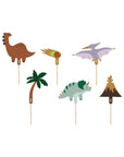 Set of dinosaur-themed cupcake toppers on sticks against a white background