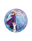 Frozen 2 round paper plates featuring Anna, Elsa and Olaf with snowflake border - Disney birthday party tableware supplies for kids