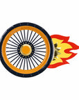 Racing car tire paper plate with flame design - speed wheel party plate with orange rim and fire flames for race car and hot wheels birthday party supplies