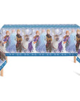 Frozen 2 plastic tablecloth featuring all main characters with snowflake pattern - Disney princess birthday party table decorations