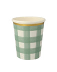 Meri Meri paper cup with green and white buffalo checkered gingham pattern on a white background