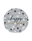 A disco ball-shaped paper party napkin with 'happy new year' script in gold foil and sparkling stars on a silver background.