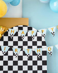 Checkered birthday banner with 'Happy Birthday' text and balloons on a blue background