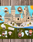 The Hogwarts Puffy Sticker Playset features a colorful cartoon Hogwarts scene with chibi Harry Potter characters, magical creatures, books, cauldrons, candies, and puffy stickers—plus glasses in the corner—for imaginative play.
