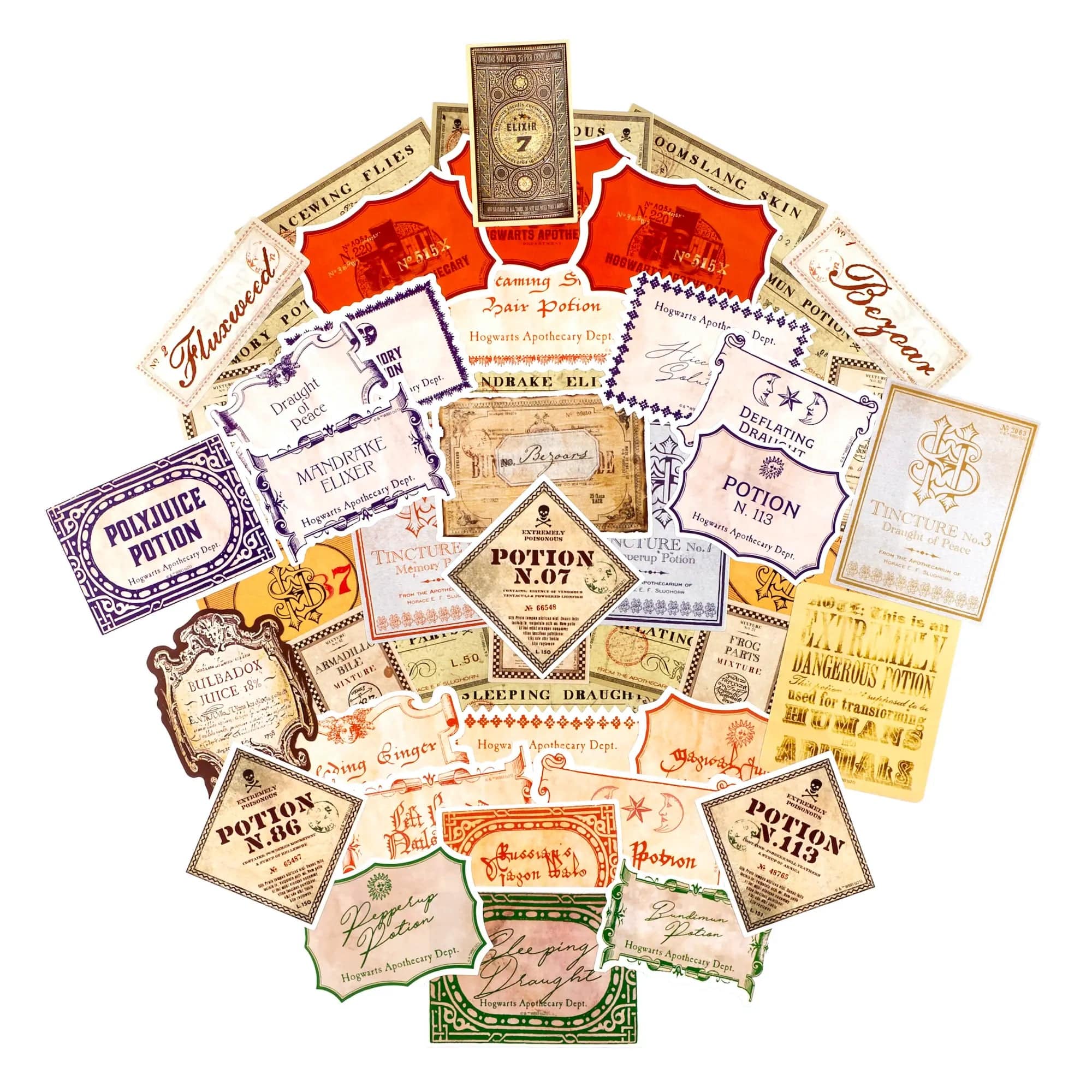 Harry Potter Potions Label Decals: A fan-arranged collection of vintage-style vinyl stickers in assorted shapes and colors, featuring potion names like Polyjuice Potion, Sleeping Draught, and Felix Felicis.