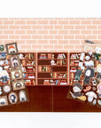 The Hogwarts Puffy Sticker Playset features a flat lay of themed puffy stickers—characters, magical creatures, books, and iconic items—arranged around an illustrated bookshelf backdrop for a magical play scene.