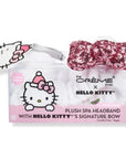 Plush spa headband by the Creme Shop with Hello Kitty design and pink sequin bow on a white background