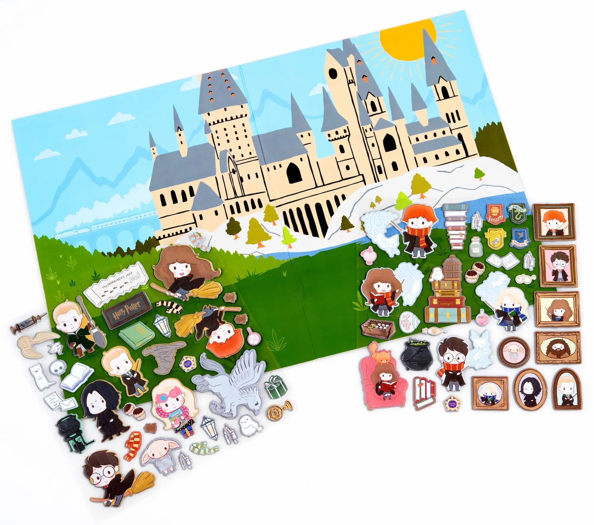 The Hogwarts Puffy Sticker Playset features a vibrant Hogwarts castle backdrop and a variety of Harry Potter-themed puffy stickers, including students, professors, magical creatures, books, and portraits for creative play.