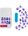 Complete contents of KISS x Wicked For Good Glow With Glinda press-on nail kit laid flat showing 28 purple themed nails in tray and loose, pink gel nail glue, mini file, and manicure stick, perfect for Wicked themed parties or gifts
