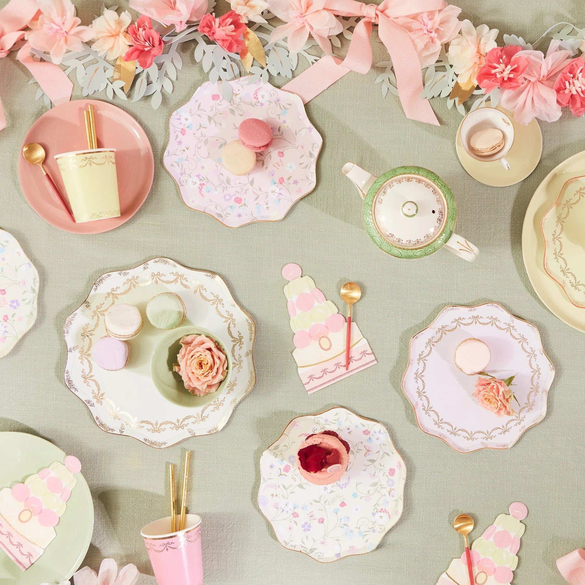 Laduree Paris floral garden party plates with macarons - Meri Meri vintage tea party tableware for birthdays