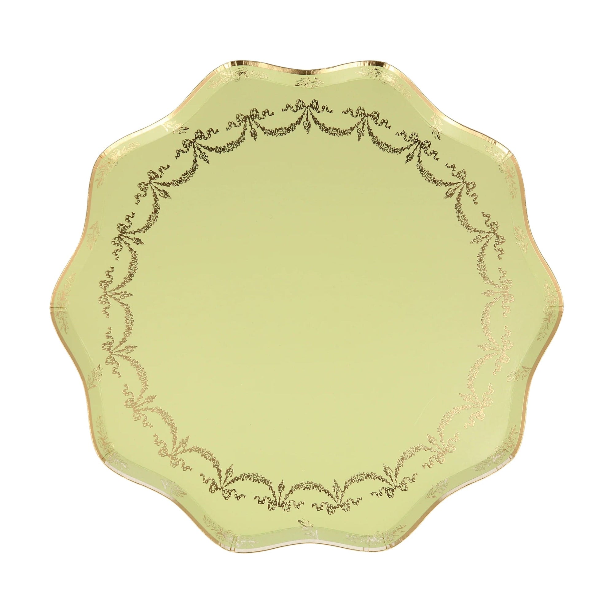 Meri Meri Laduree sage green party plate with gold botanical border - vintage tea party tableware
