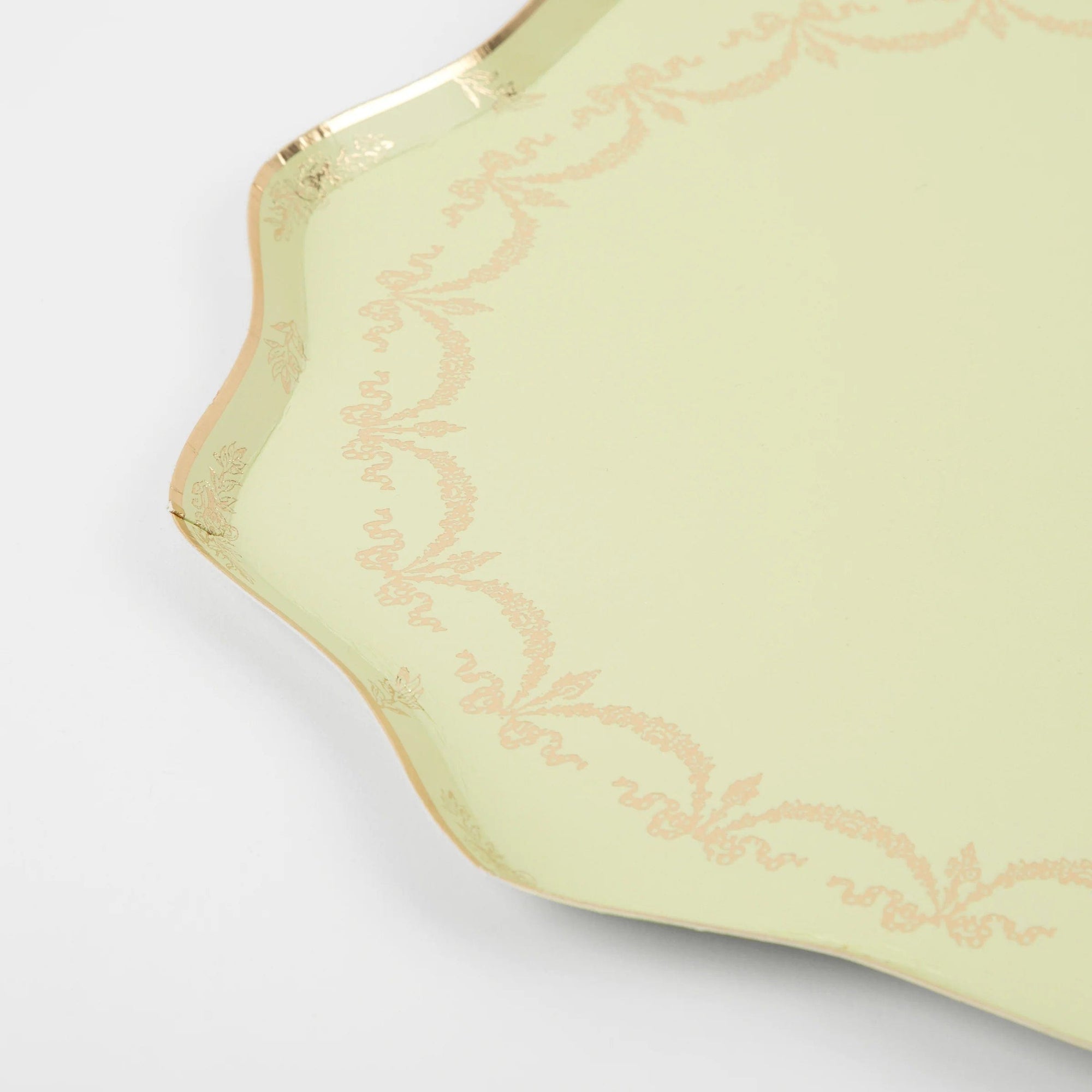 Sage green Laduree Paris party plate with gold foil trim - Meri Meri vintage scalloped tableware