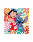 Lilo and Stitch Tropical Napkins - Large feature the duo smiling in front of a vibrant Hawaiian floral design with colorful tropical patterns, perfect for adding island style to your luau party.