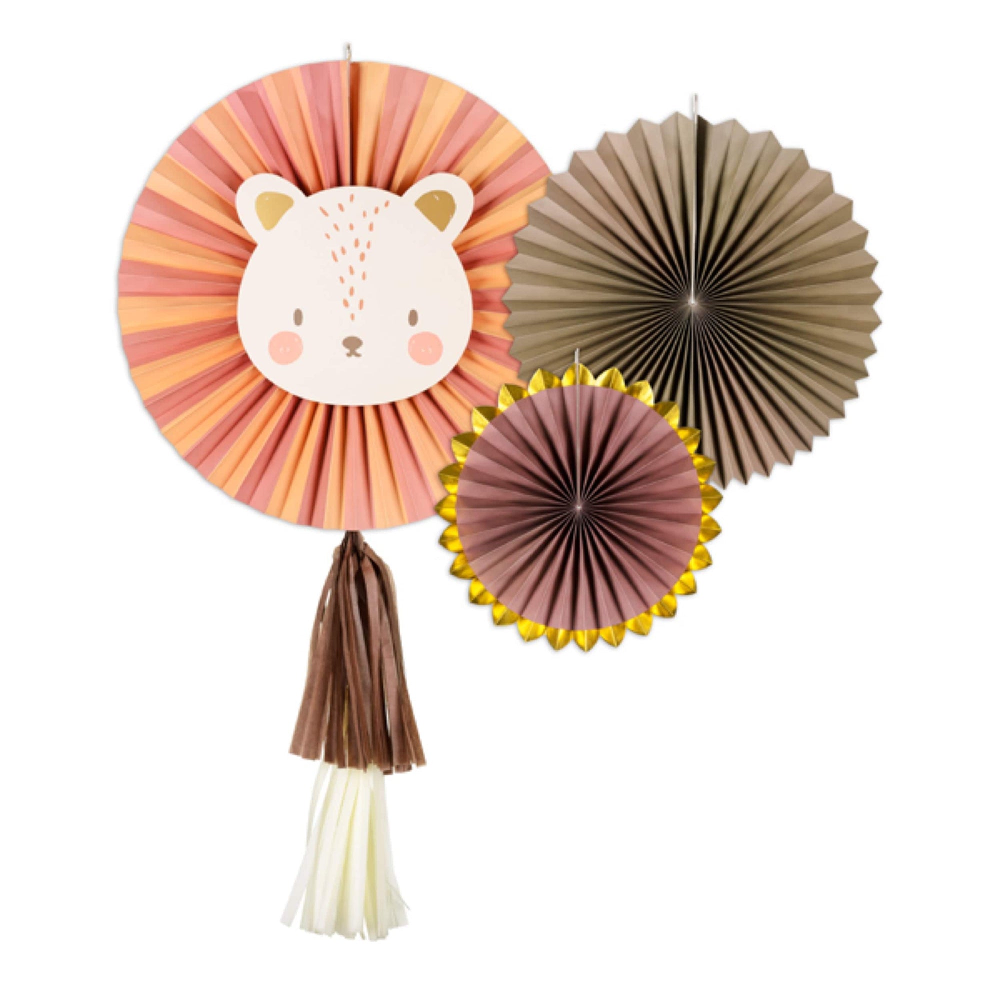 The Party Lion Fan Set features three paper rosettes: one with a cute lion head and tassels, plus two plain fans—one brown, one with shiny gold foil edges—arranged together on a white background.