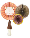 The Party Lion Fan Set features three paper rosettes: one with a cute lion head and tassels, plus two plain fans—one brown, one with shiny gold foil edges—arranged together on a white background.