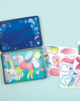 The Unicorn Magic Magnetic Play Tin features a colorful pegasus and rainbow tin with a starry lid, unicorn and wing stickers, and magnets—perfect for creative travel play on the go. Recommended by Oppenheim Awards.