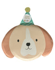 Dog-shaped Meri Meri paper plate with a party hat on a white background