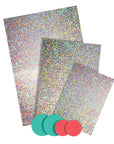Holographic gift bags with sparkling iridescent silver pattern and three round sticker seals