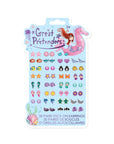 Mermaid Sticker Earrings: 30 pairs of kids’ sticker earrings with colorful ocean-themed designs like fish, shells, mermaids, and starfish. Packaging features ‘Great Pretenders’ with a mermaid and seahorse illustration.