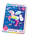 The Mudpuppy Unicorn Magic Magnetic Play Tin features a winged unicorn among stars and butterflies, includes 30+ mix-and-match magnets for creative play, is portable for travel, and is an Oppenheim Awards winner.