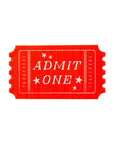 A red Circus ticket napkin with the words 'ADMIT ONE' printed in white text and star graphics.