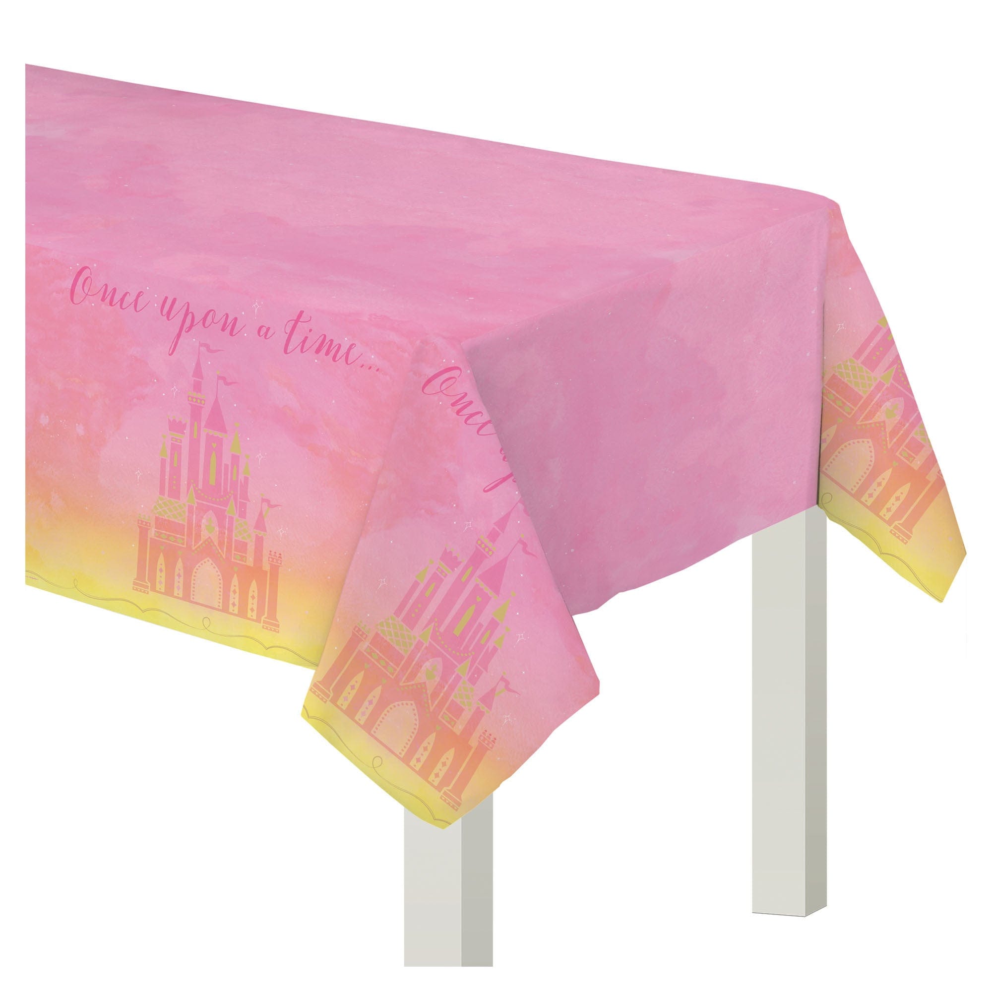 A pink tablecloth with a Disney Princess castle pattern and 'Once upon a time.