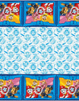 The Paw Patrol Table Cover features a vibrant design with puppies, paw print badges, and blue accents on white, bordered by squares showing Chase, Marshall, Skye, and Rubble in action.