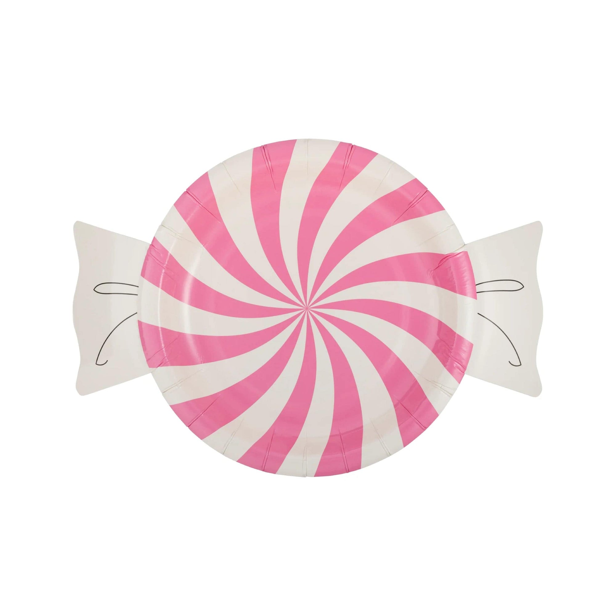 Part of the Candyland Collection, Pink Candy Plates are paper plates designed to look like pink and white peppermint candies with twisted ends on a white background.