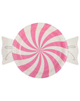 Part of the Candyland Collection, Pink Candy Plates are paper plates designed to look like pink and white peppermint candies with twisted ends on a white background.