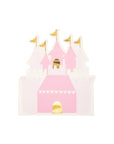 Pink Princess Castle Napkins feature a pink fairy tale castle with golden flags and doors, towers, and battlements on a white background—perfect for adding gold foil details to your princess party collection.