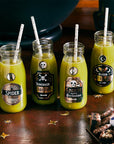 lose-up Halloween potion bottle labels on yellow drinks with paper straws, Spider Venom and Pickled Moth Wings stickers, Halloween beverage labels for party drinks and spooky cocktail decorations