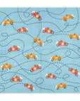 Paper party napkins with a pattern of toy cars on a blue background with dashed lines
