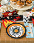 Tire wheel paper plates with flame design racing car party cups checkered napkins - race car birthday party tableware disposable party supplies