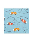Party napkins with a pattern of orange race cars on a blue background with black dashed lines.
