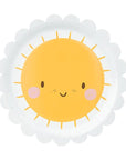 A set of six paper plates with a smiling sun design and daisy-style scalloped edges.