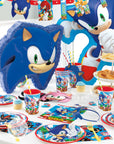 Sonic the Hedgehog birthday party supplies set with blue Sonic piñata, balloon, themed plates, cups, napkins, and party decorations for kids birthday celebration
