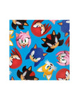 Colorful Sonic the Hedgehog party napkins featuring multiple characters including Sonic, Tails, Knuckles, and Amy Rose for video game themed birthday party