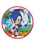 Sonic the Hedgehog birthday party plates showing classic Sonic character with Green Hill Zone background, ideal for video game themed celebrations