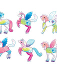 The Unicorn Magic Magnetic Play Tin features six unique pastel cartoon unicorns with different wings and patterns, perfect for imaginative play on the go—ideal as a travel toy or magnets, all set against a white background.