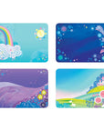 The Unicorn Magic Magnetic Play Tin features four vibrant rectangular backgrounds: a rainbow with clouds and sun, a starry blue frame, a dreamy purple landscape with stars, and a green hill with a castle and flowers—an Oppenheim Award favorite.