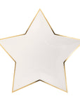 A die cut star-shaped paper party plate with a shiny gold foil border.