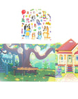 luey Sticker Playset contents showing puffy sticker sheet with Heeler family and open tri-fold backyard and house play scene